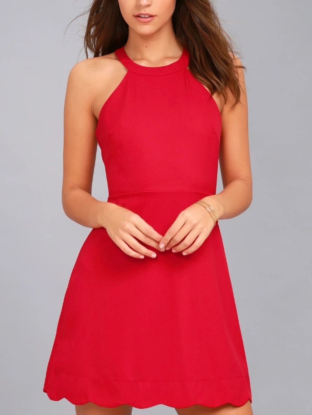 Lulus NWT Mamacita Red Halter Skater Scallop Tulip Hem Dress Sz S Evening Party
